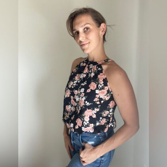 Floral Sleeveless Blouse Pink Flowers Black Medium Keyhole Back Tie - Picture 1 of 12